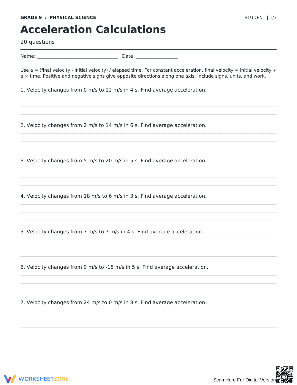 Printable Acceleration Calculations Worksheet | Grade 9 - Page 1