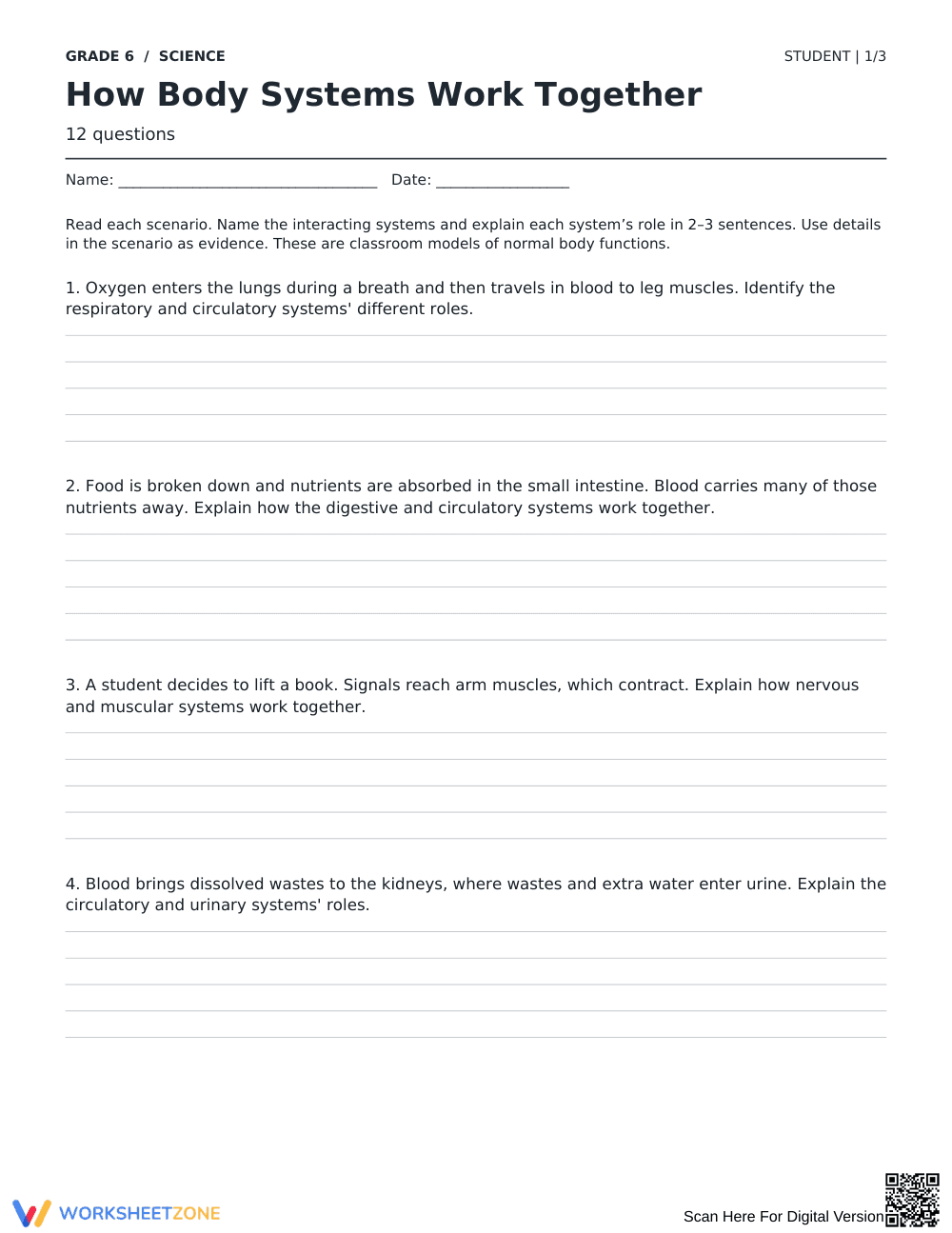 Body Systems Worksheet | Grade 6 Science Printable - Page 1