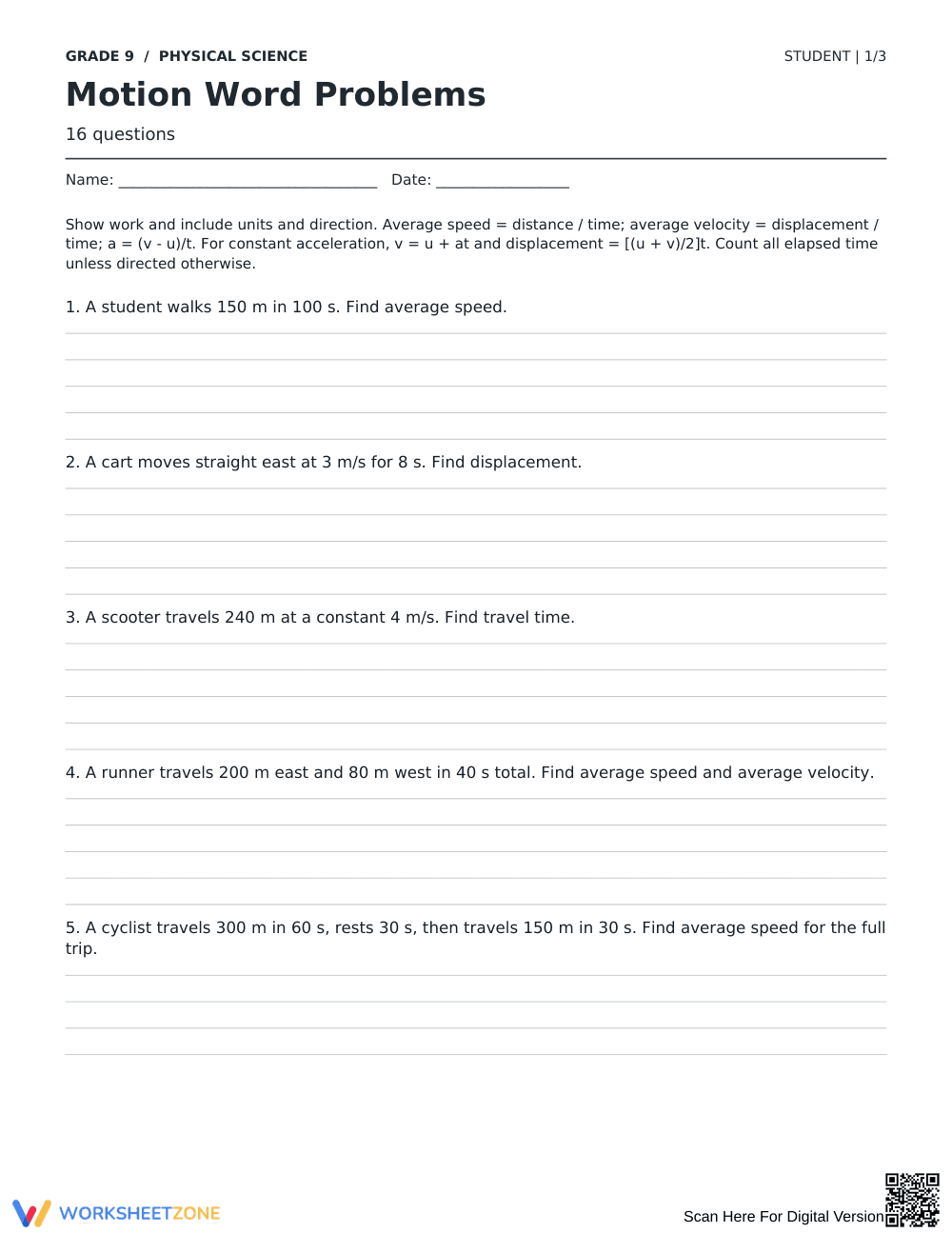 Motion Word Problems Worksheet | Grade 9 Essential - Page 1