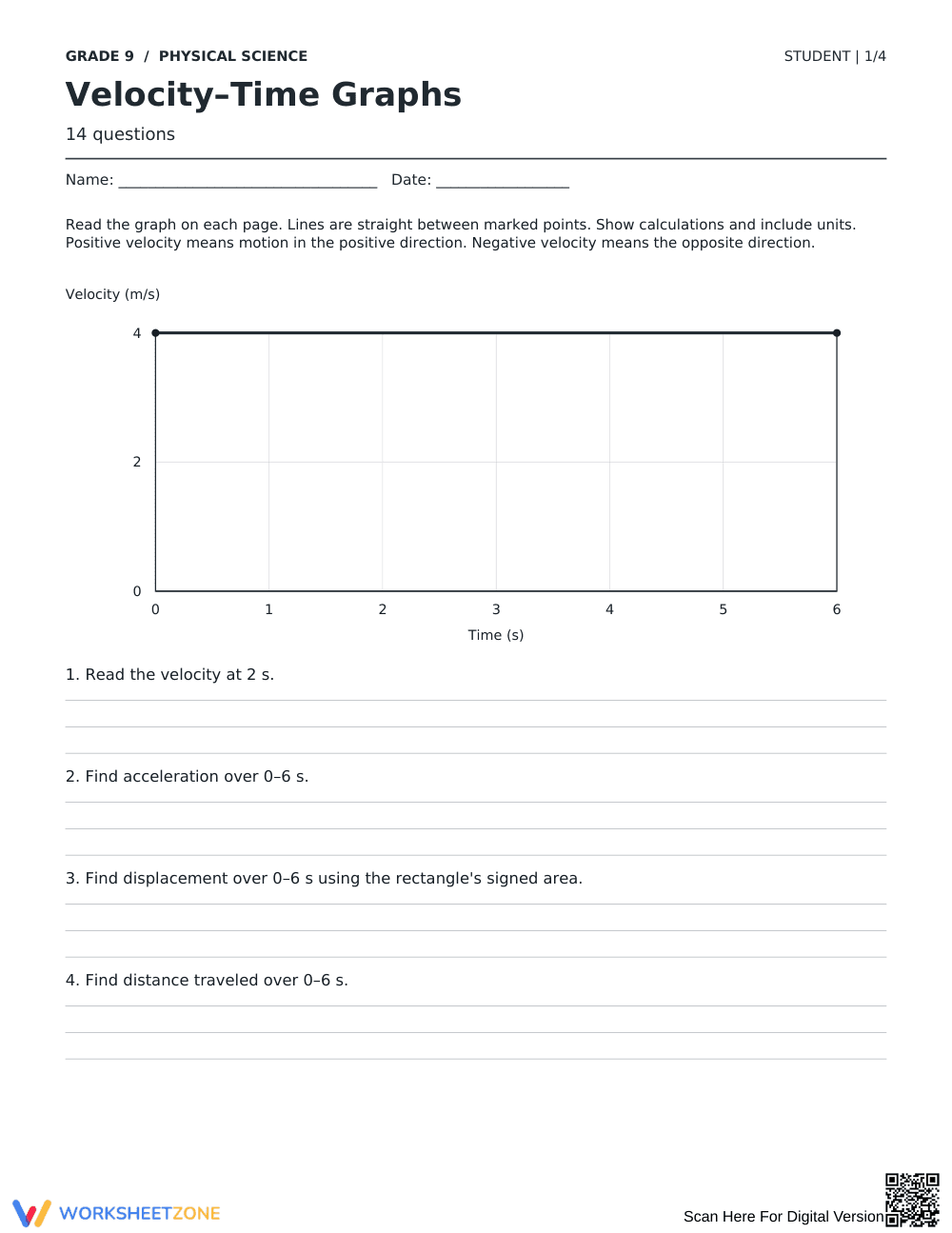 Velocity-Time Graphs Worksheet | Essential Grade 9 Science - Page 1