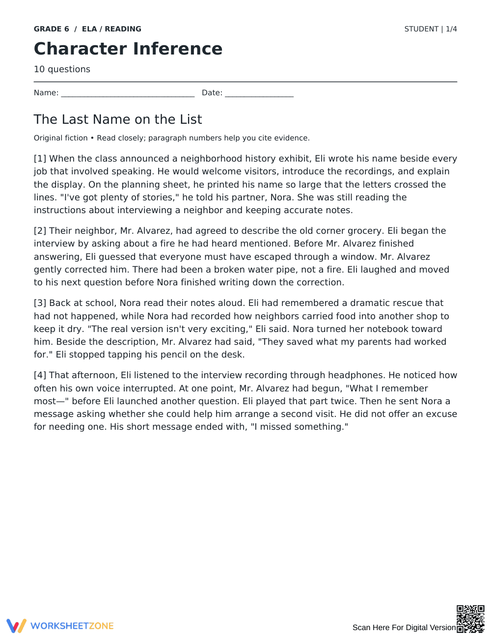 Character Inference Worksheet | Grade 6 Printable - Page 1