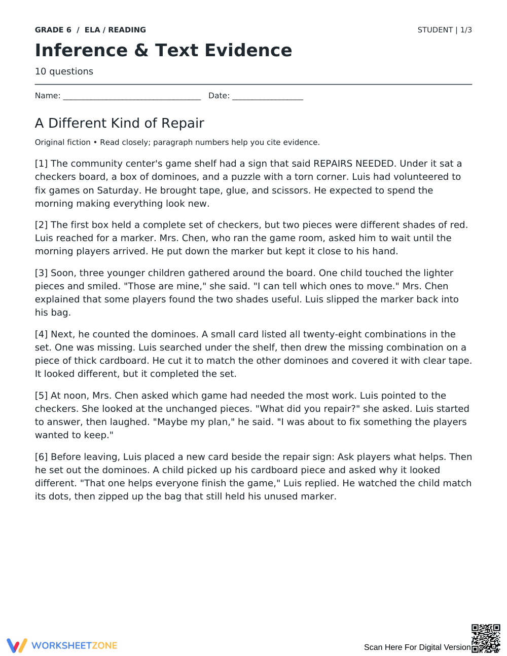 RL.6.1 Worksheet: Inferences — Grade 6 Aligned - Page 1