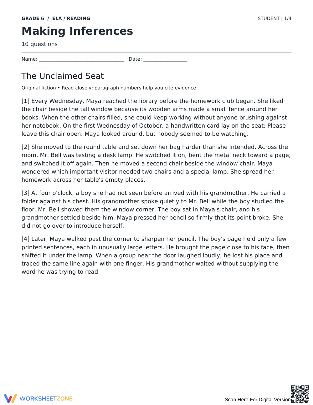 Making Inferences Worksheet | Grade 6 Reading Essential - Page 1