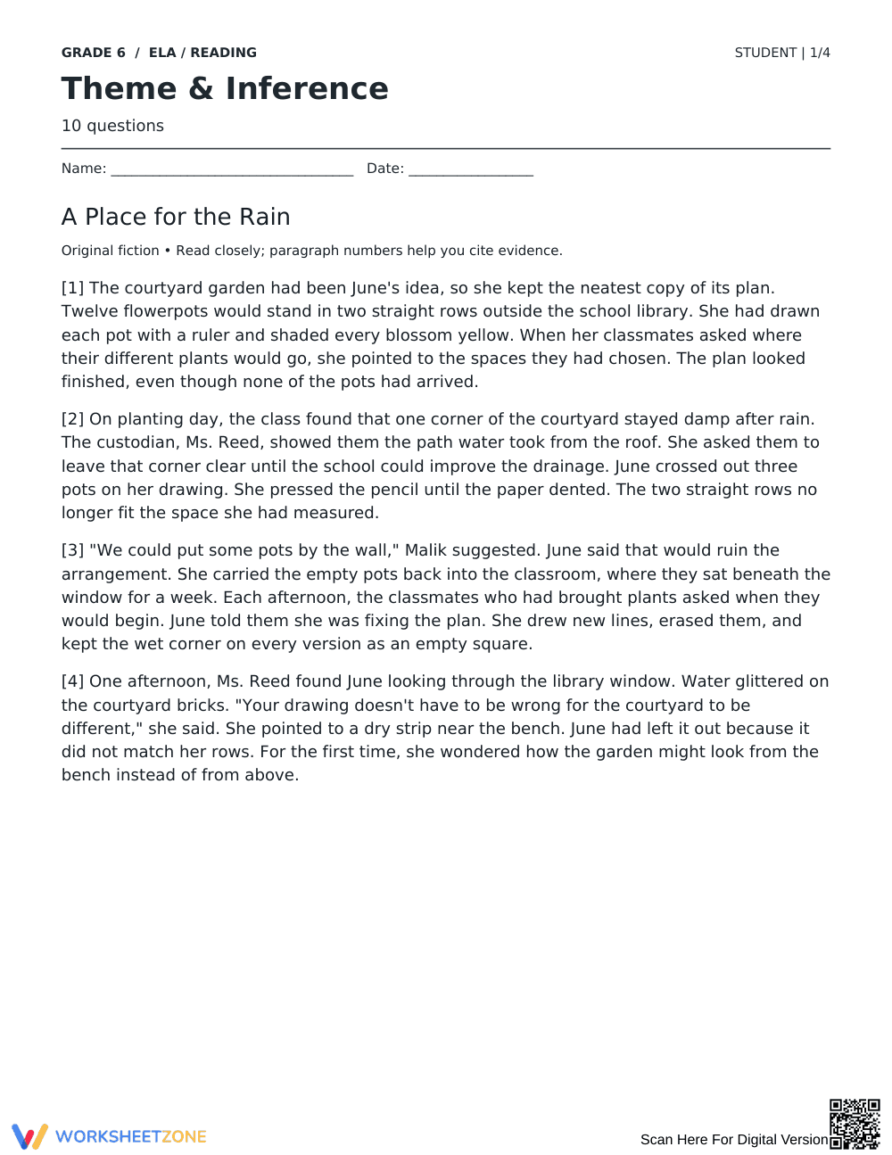 Theme and Inference Worksheet | Grade 6 Reading Printable - Page 1