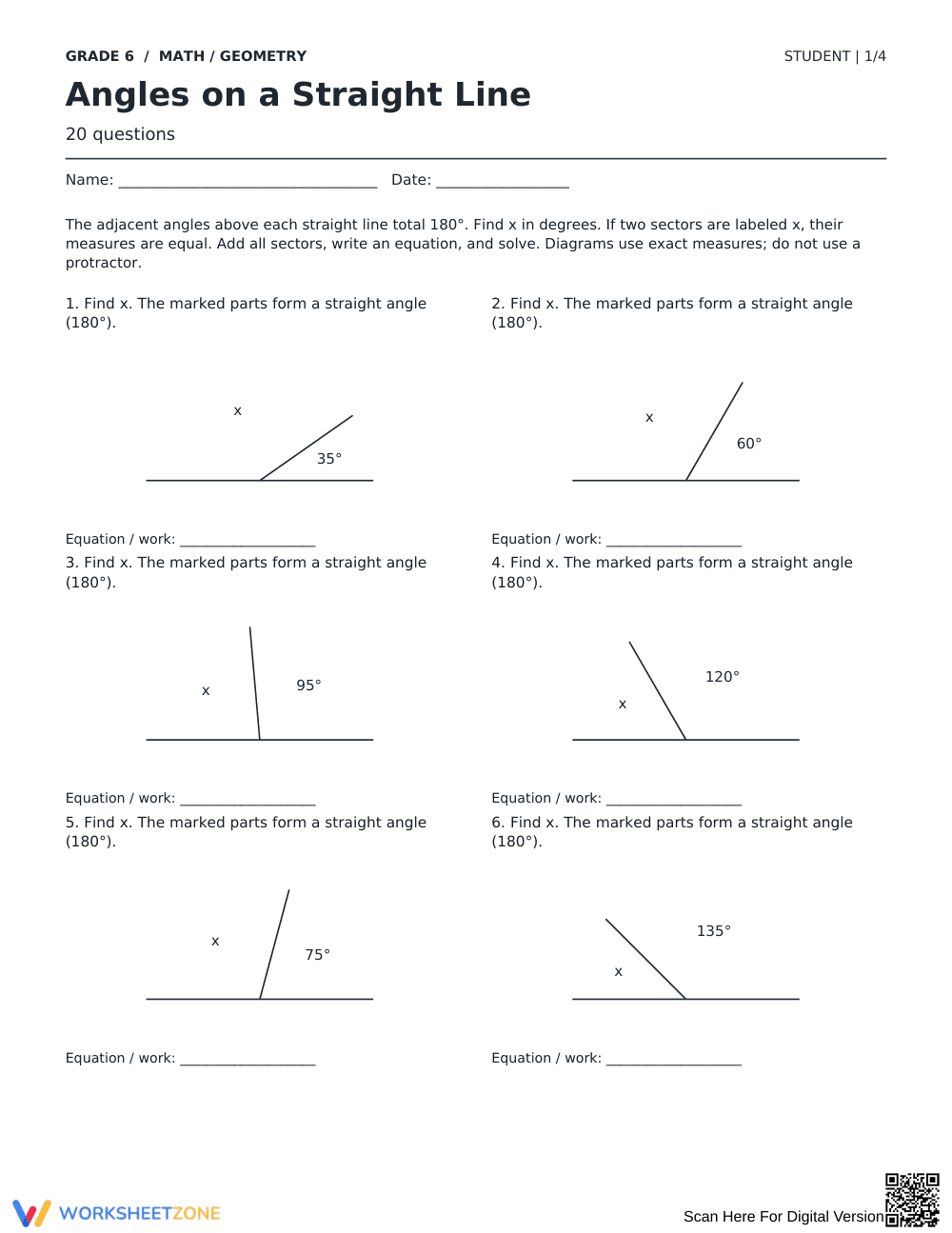 Angles on a Straight Line Printable | Grade 6 - Page 1