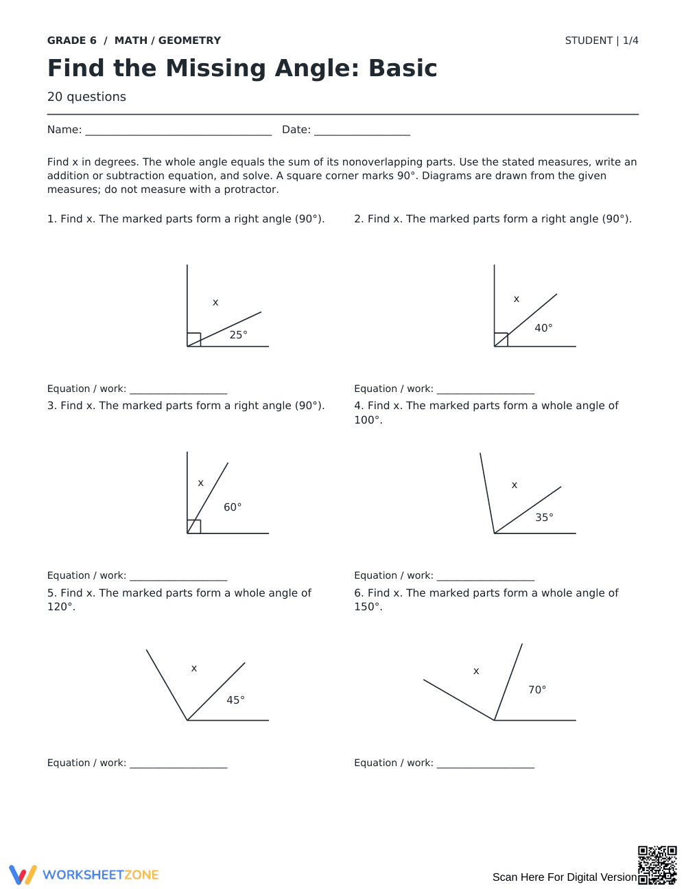Missing Angle Worksheet | Grade 6 Math Essential - Page 1