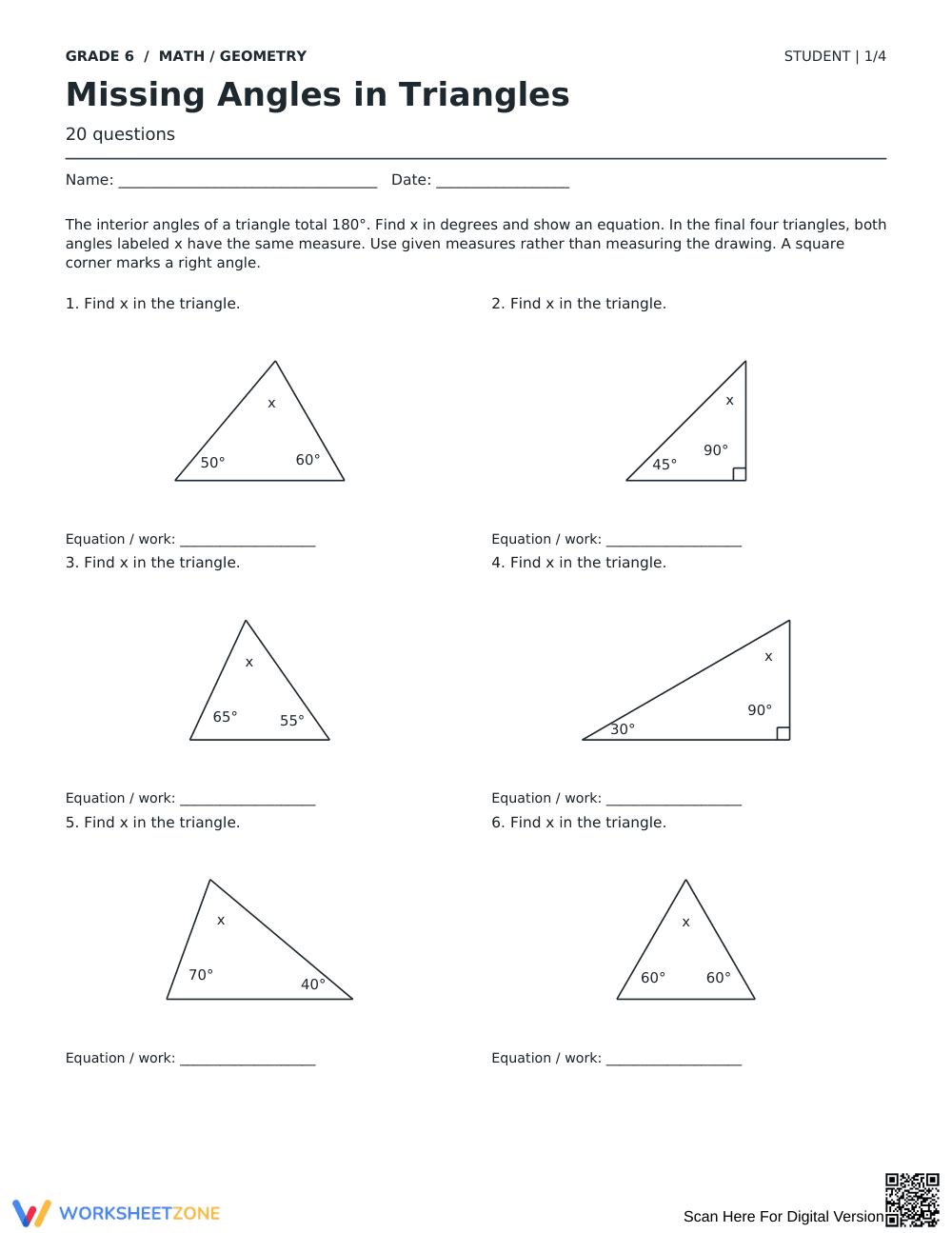 Missing Angles in Triangles Worksheet | Grade 6 Ready - Page 1