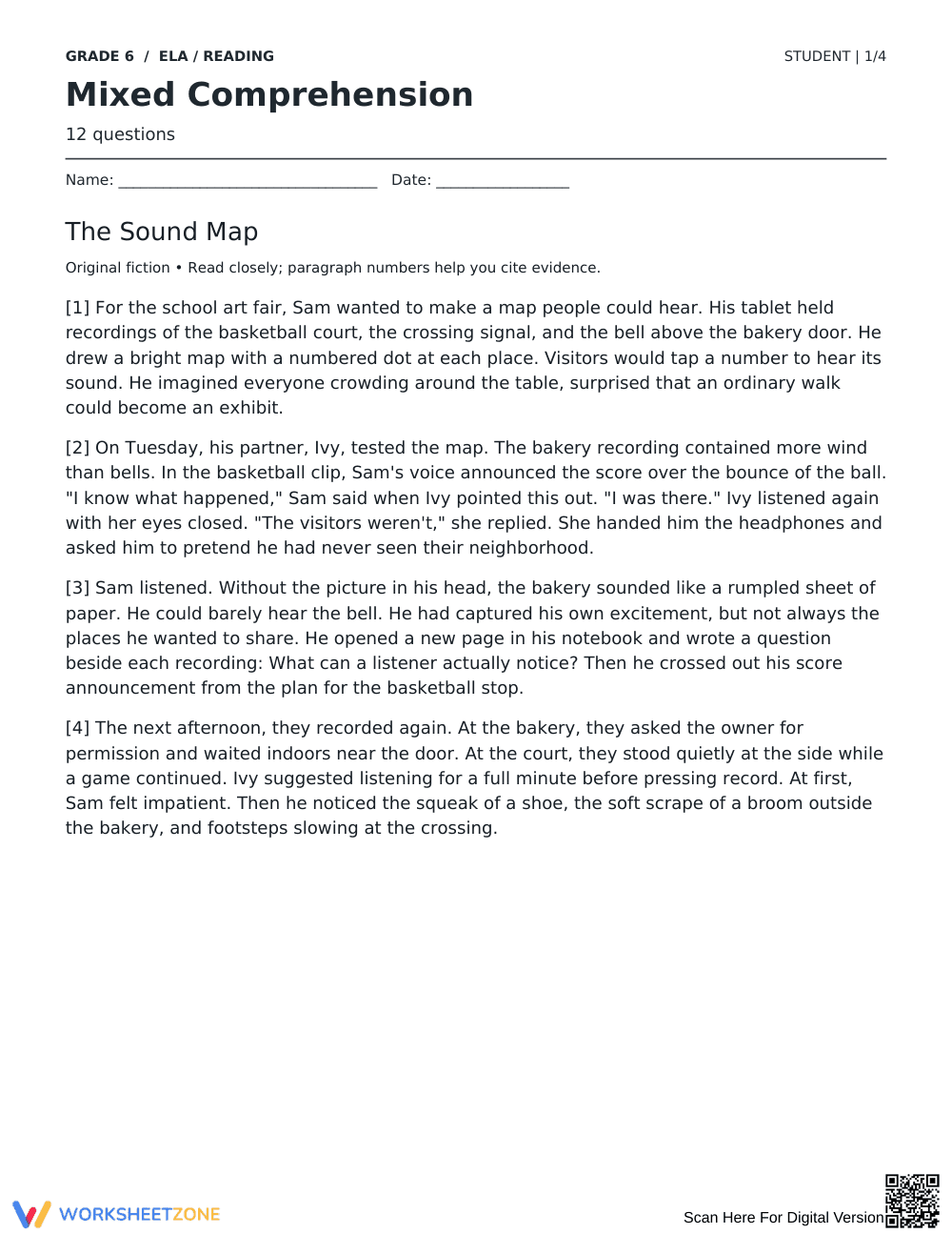 Reading Comprehension Worksheet | Grade 6 Printable - Page 1