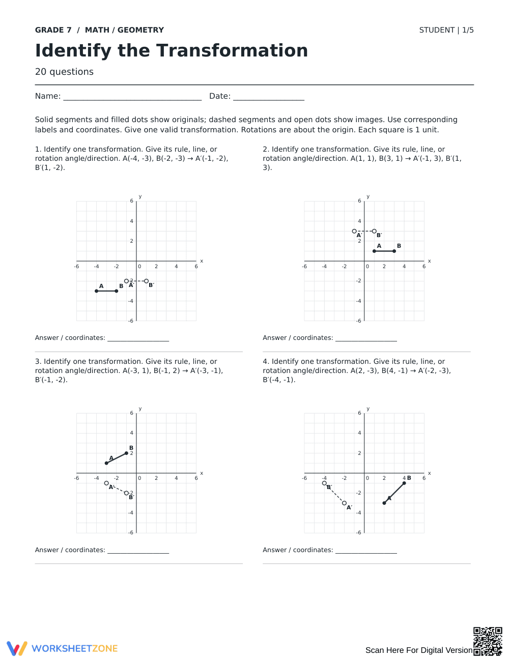 Identify Transformations Worksheet | Grade 7 Complete - Page 1