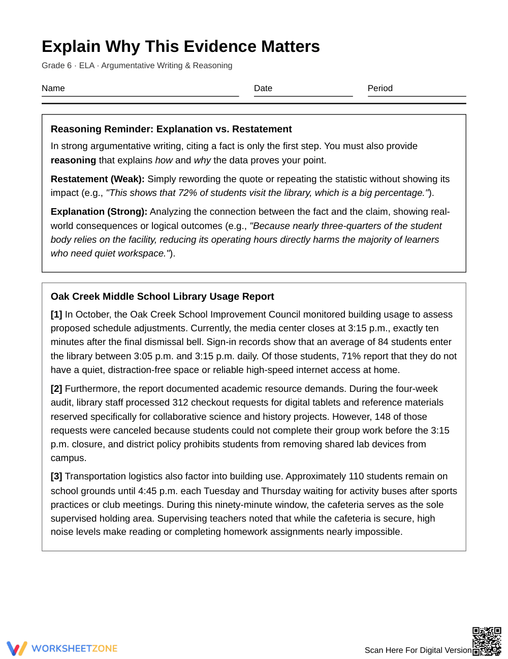 Essential Explaining Evidence Worksheet | Grade 6 ELA - Page 1