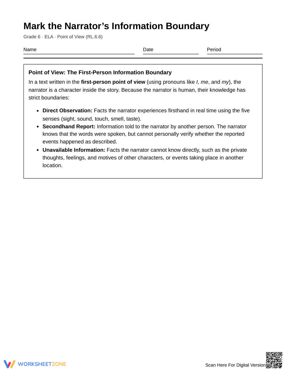 Complete Narrator Boundary Worksheet | Grade 6 ELA - Page 1