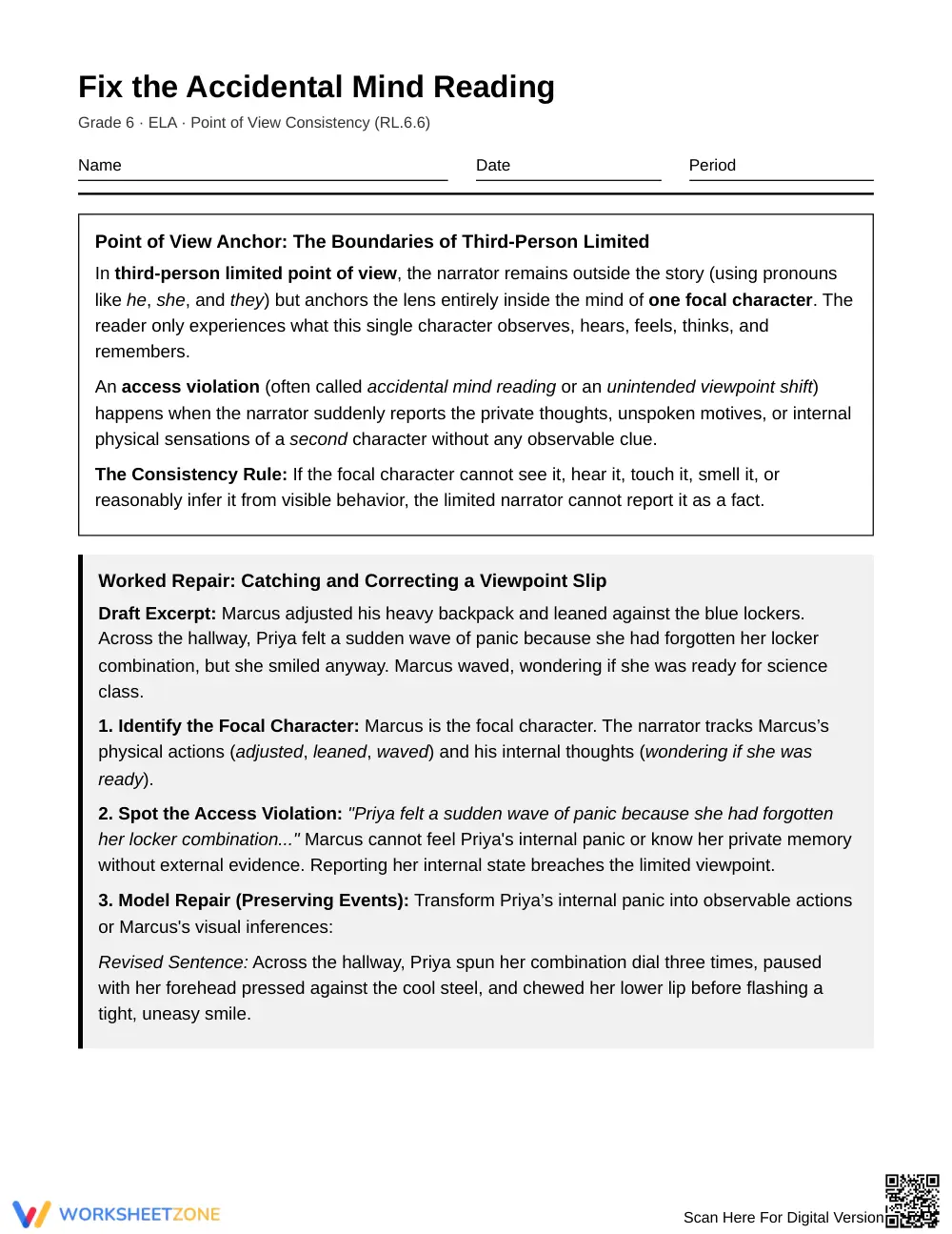 Complete Point of View Consistency Worksheet | Grade 6 ELA - Page 1