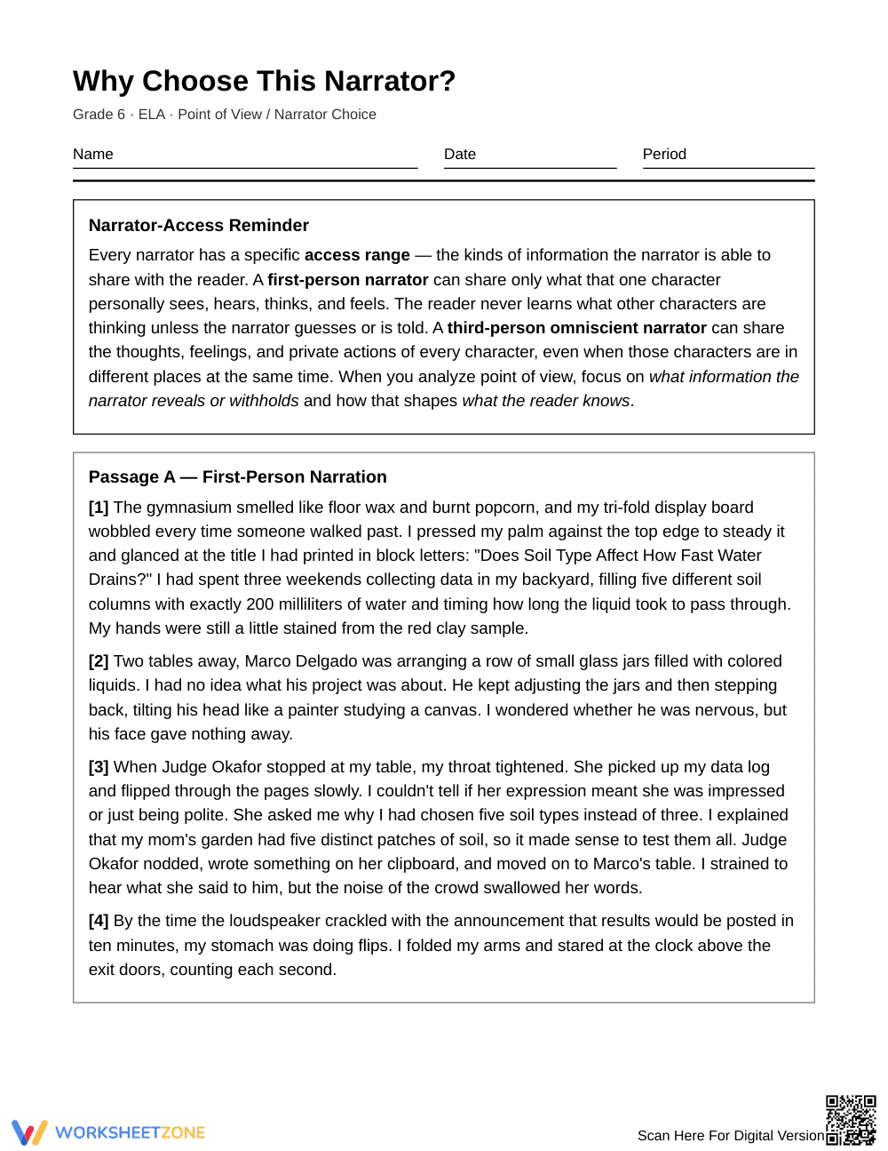 Complete Narrator Choice Worksheet | Grade 6 ELA - Page 1