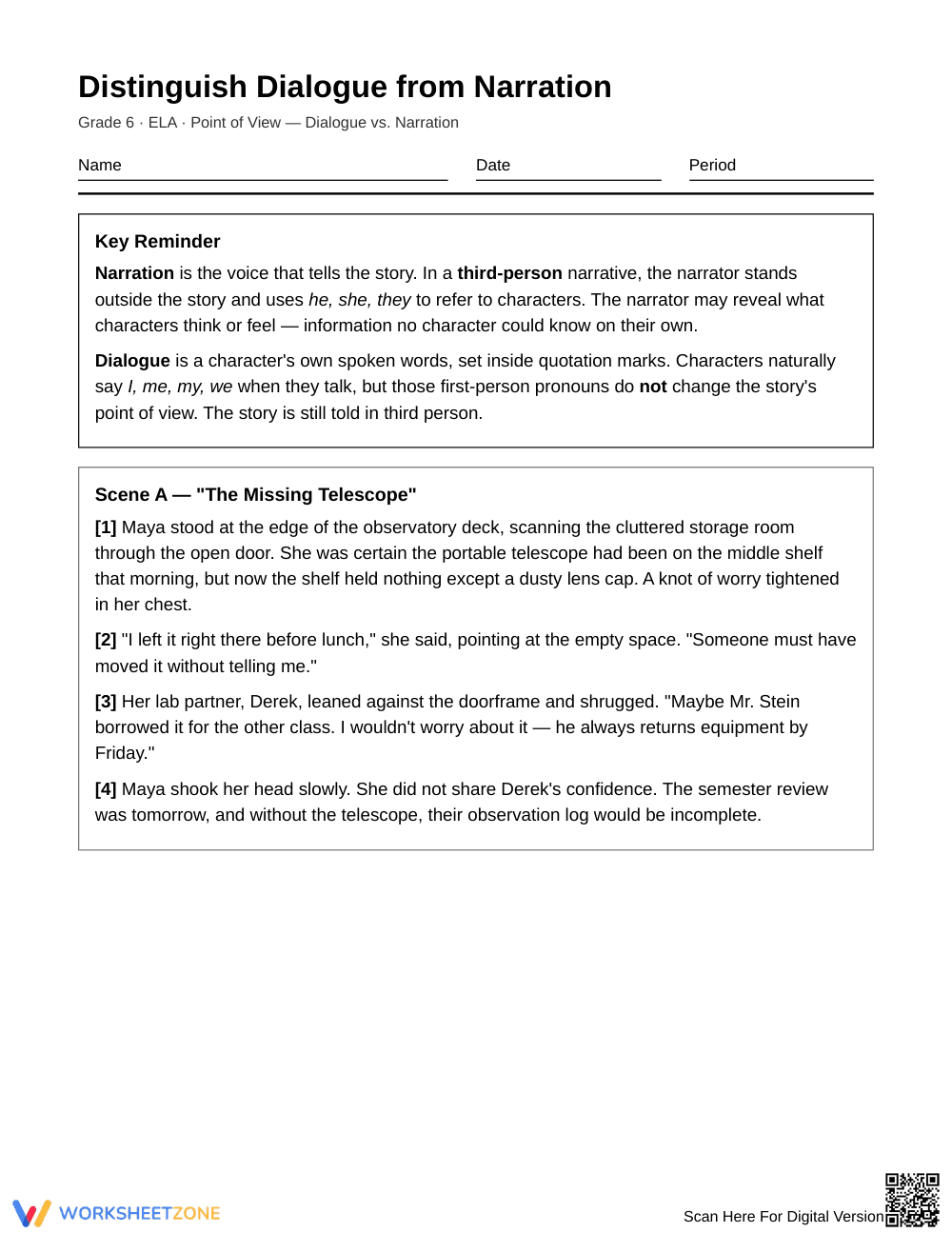 Essential Dialogue vs Narration Worksheet | Grade 6 ELA - Page 1