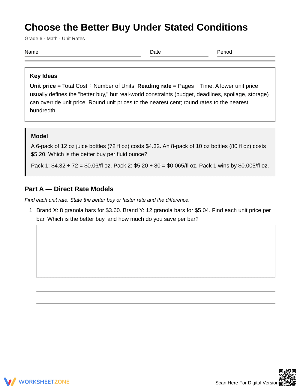Complete Better Buy Decisions Worksheet | Grade 6 Math - Page 1