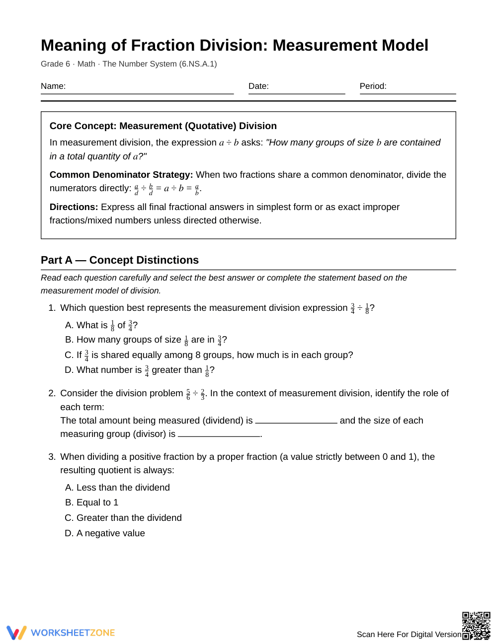 Essential Fraction Division Worksheet | Grade 6 Math - Page 1