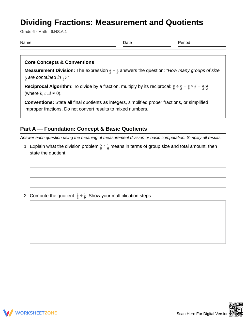 Complete Fraction Quotients Worksheet | Grade 6 Math - Page 1