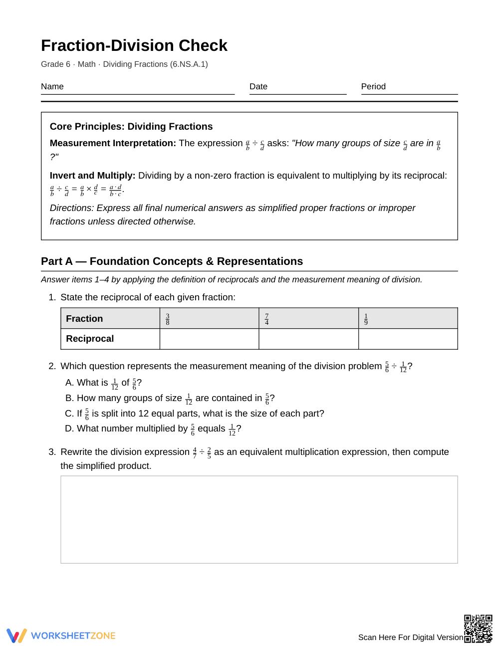 Complete Dividing Fractions Worksheet | Grade 6 Math - Page 1