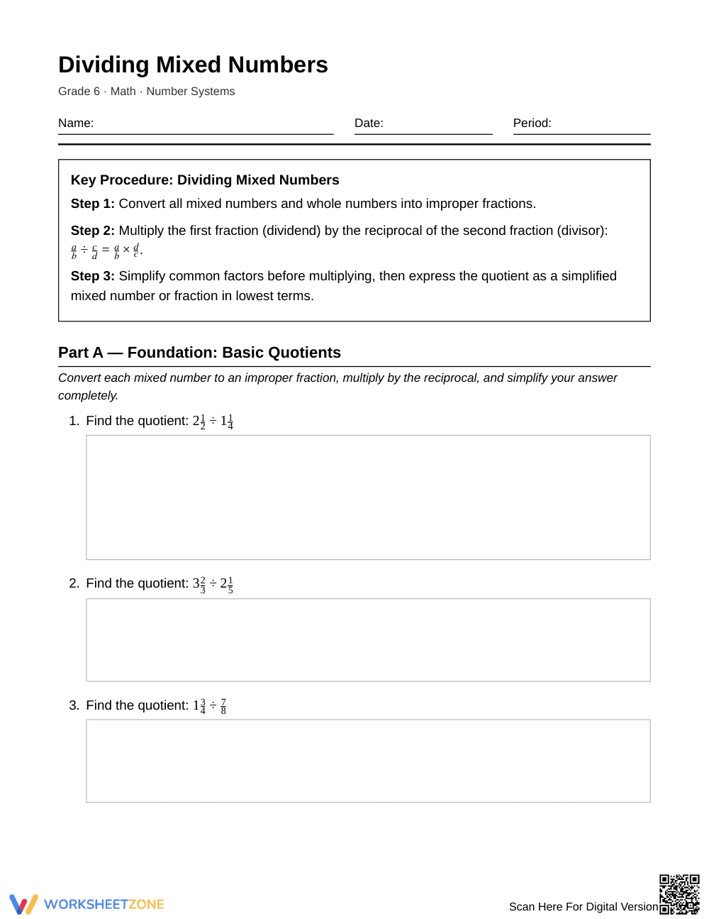 Essential Mixed-Number Quotients Worksheet | Grade 6 Math - Page 1