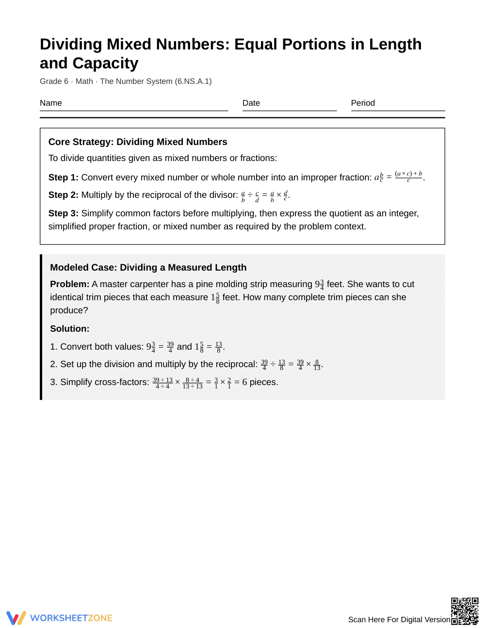 Complete Dividing Mixed Numbers Worksheet | Grade 6 Math - Page 1