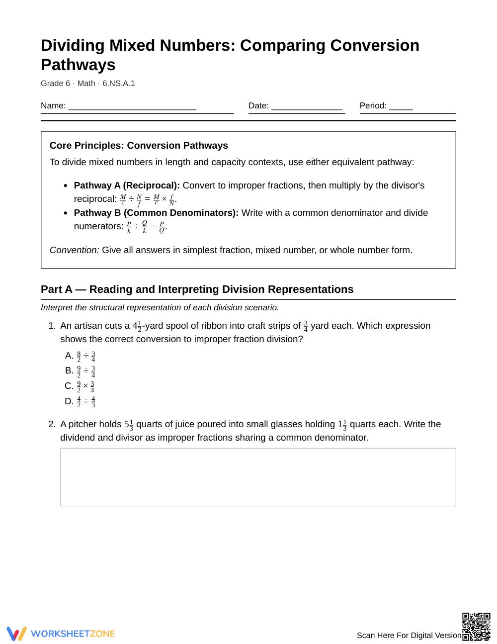 Complete Dividing Mixed Numbers Worksheet | Grade 6 Math - Page 1