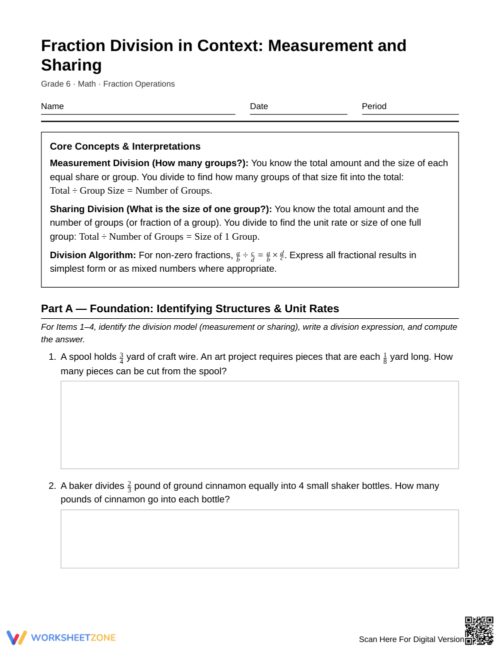 Ready Fraction Division Contexts Worksheet | Grade 6 Math - Page 1