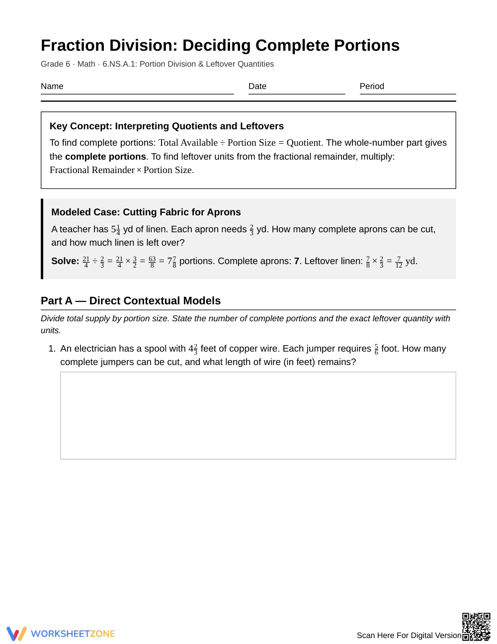 Complete Fraction Portions Worksheet | Grade 6 Math - Page 1