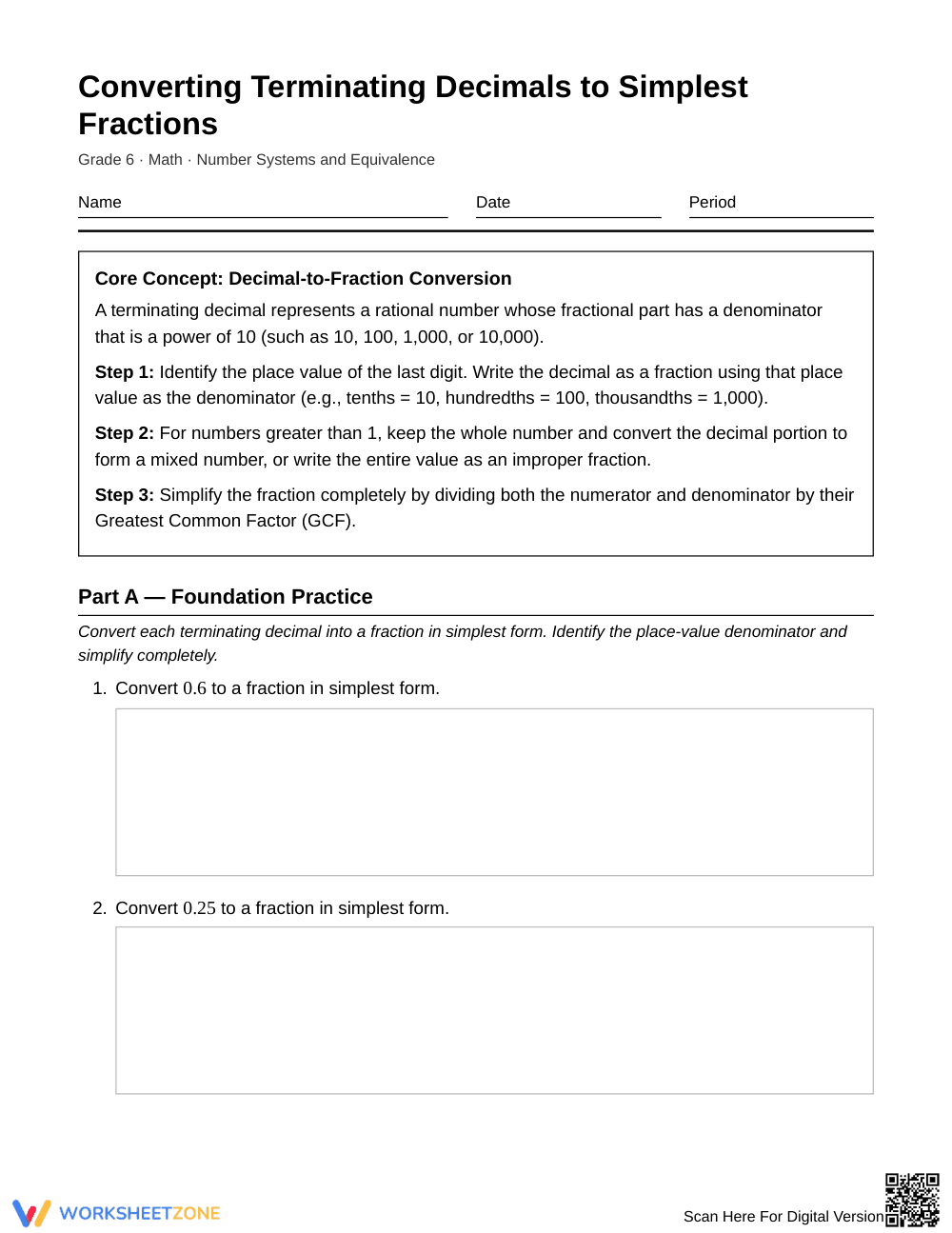 Printable Decimals to Fractions Worksheet | Grade 6 Math - Page 1