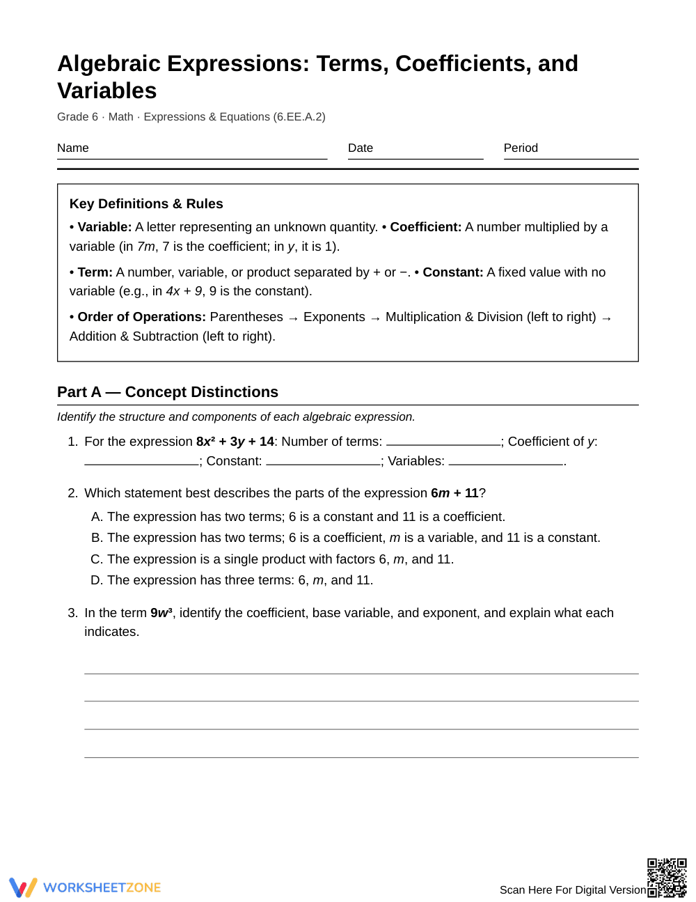 Printable Terms & Coefficients Worksheet | Grade 6 Math - Page 1