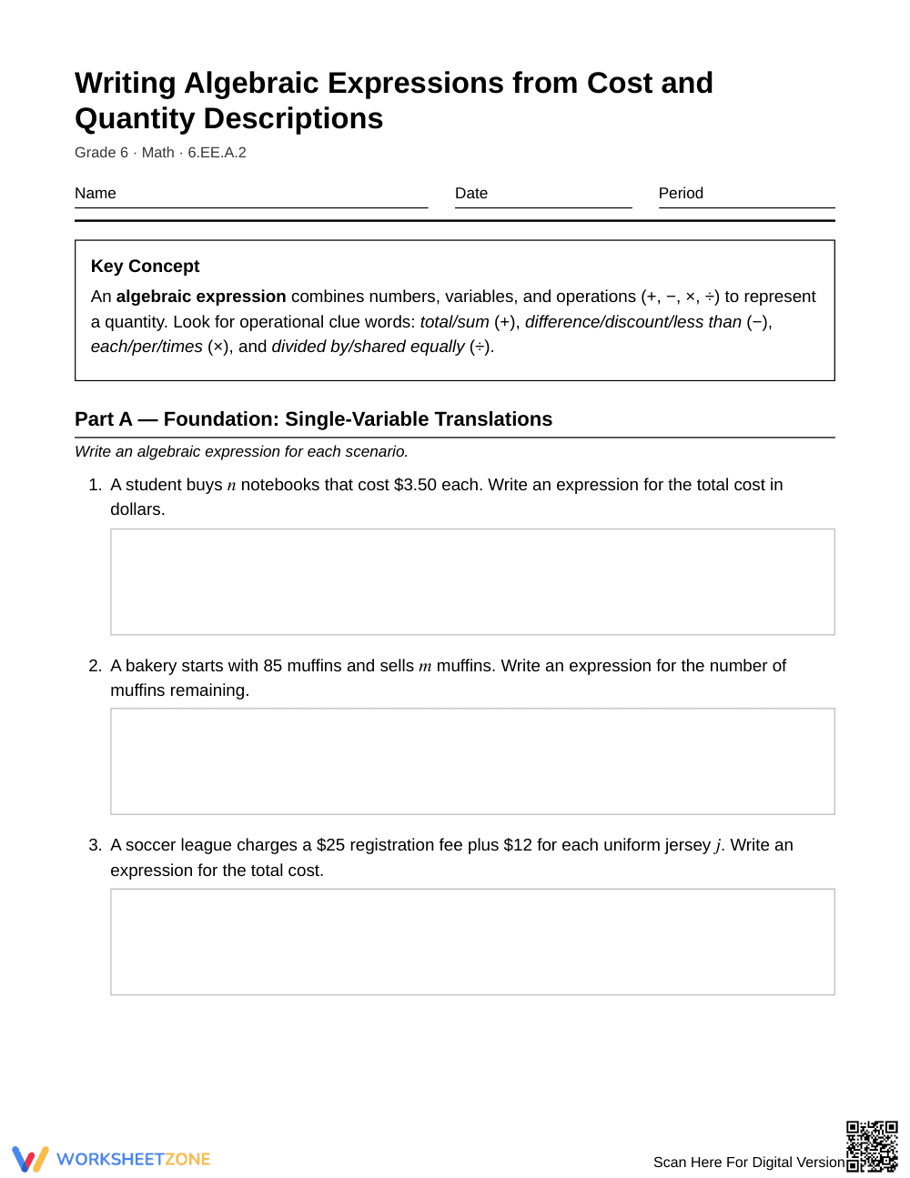 Essential Writing Expressions Worksheet | Grade 6 Math - Page 1
