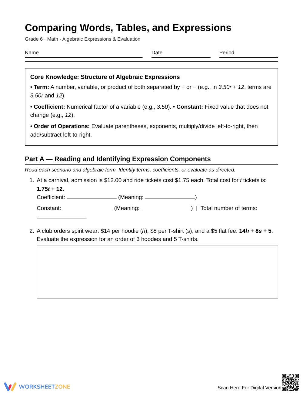 Ready Words, Tables & Expressions Worksheet | Grade 6 Math - Page 1