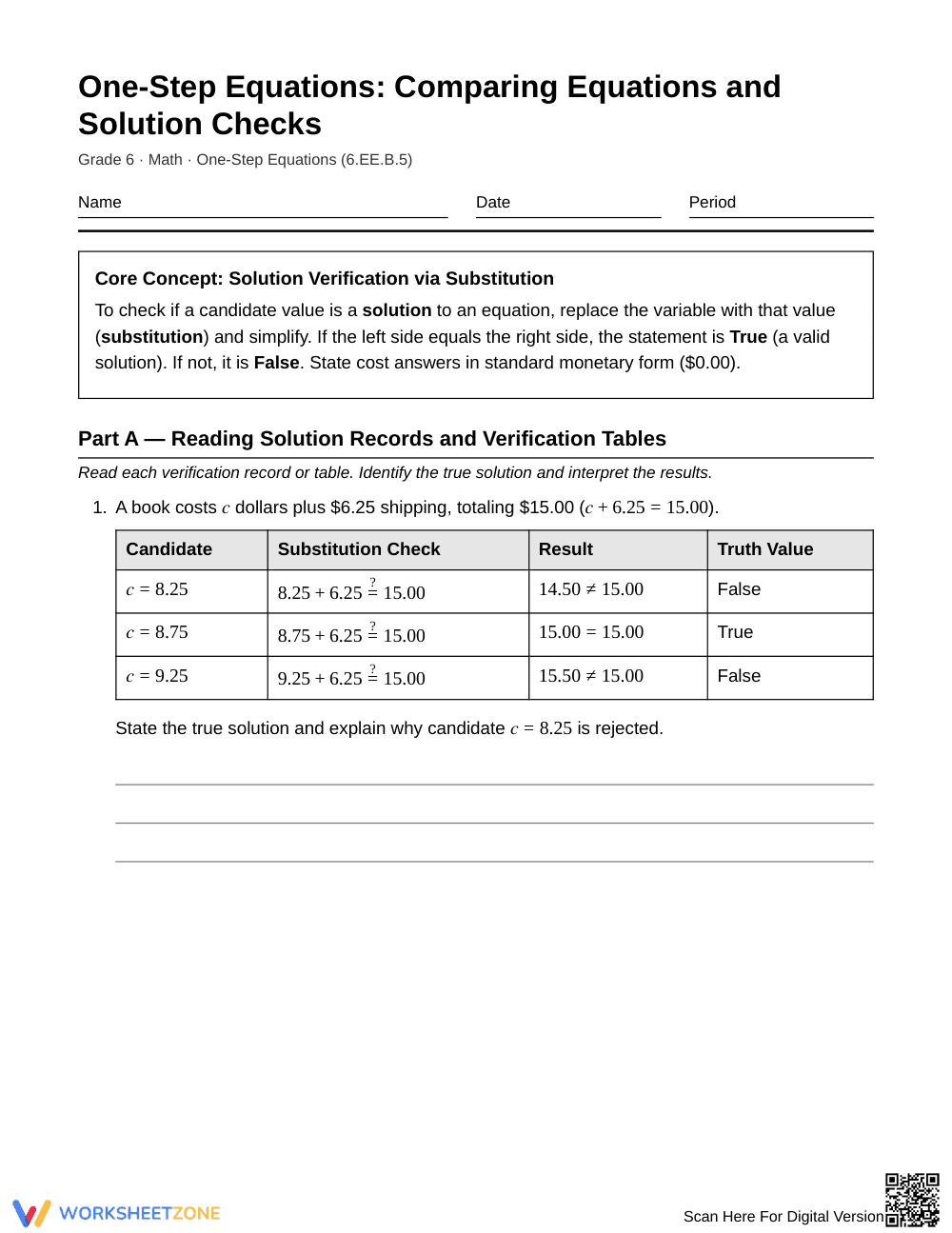 Complete Equation Solution Checks Worksheet | Grade 6 Math - Page 1