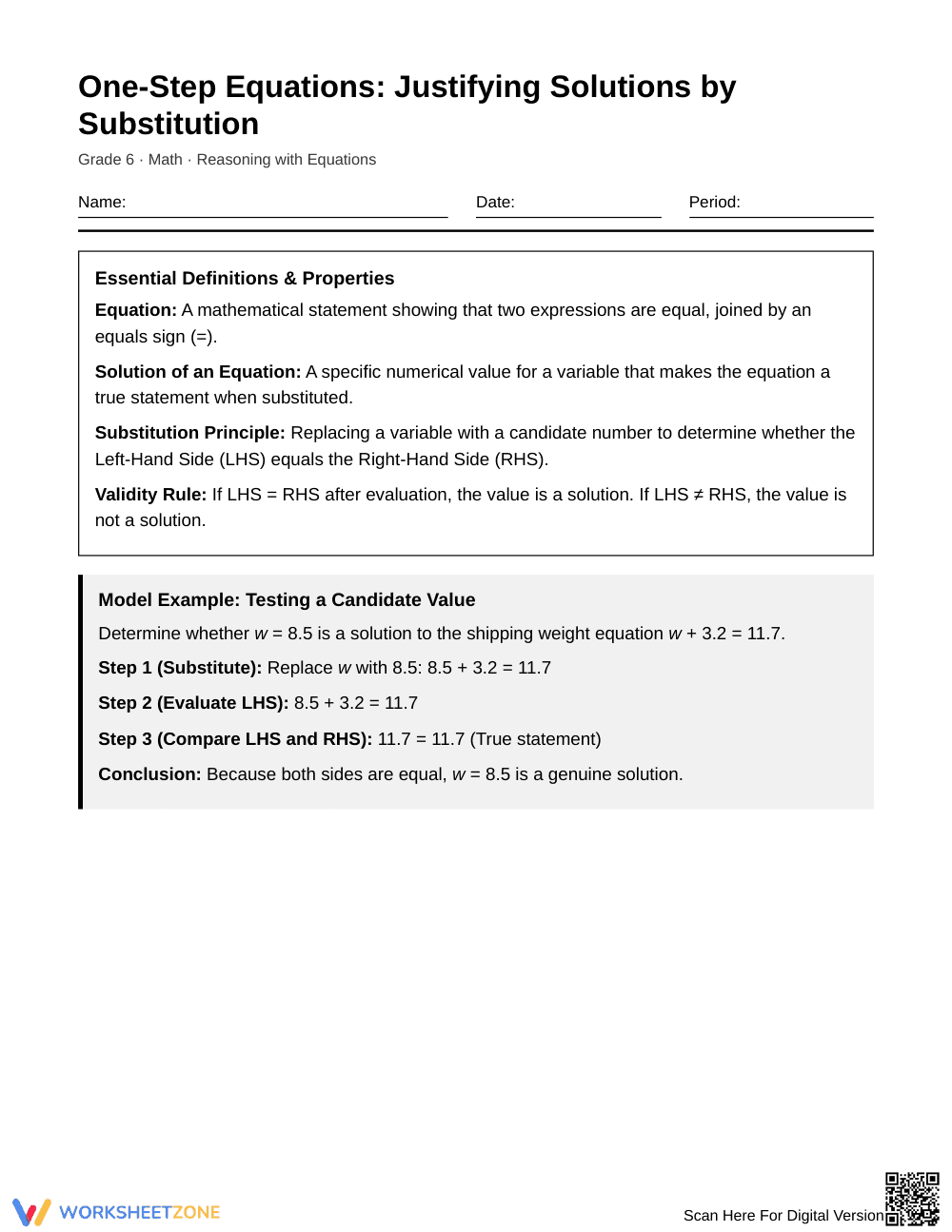Essential Justifying Solutions Worksheet | Grade 6 Math - Page 1