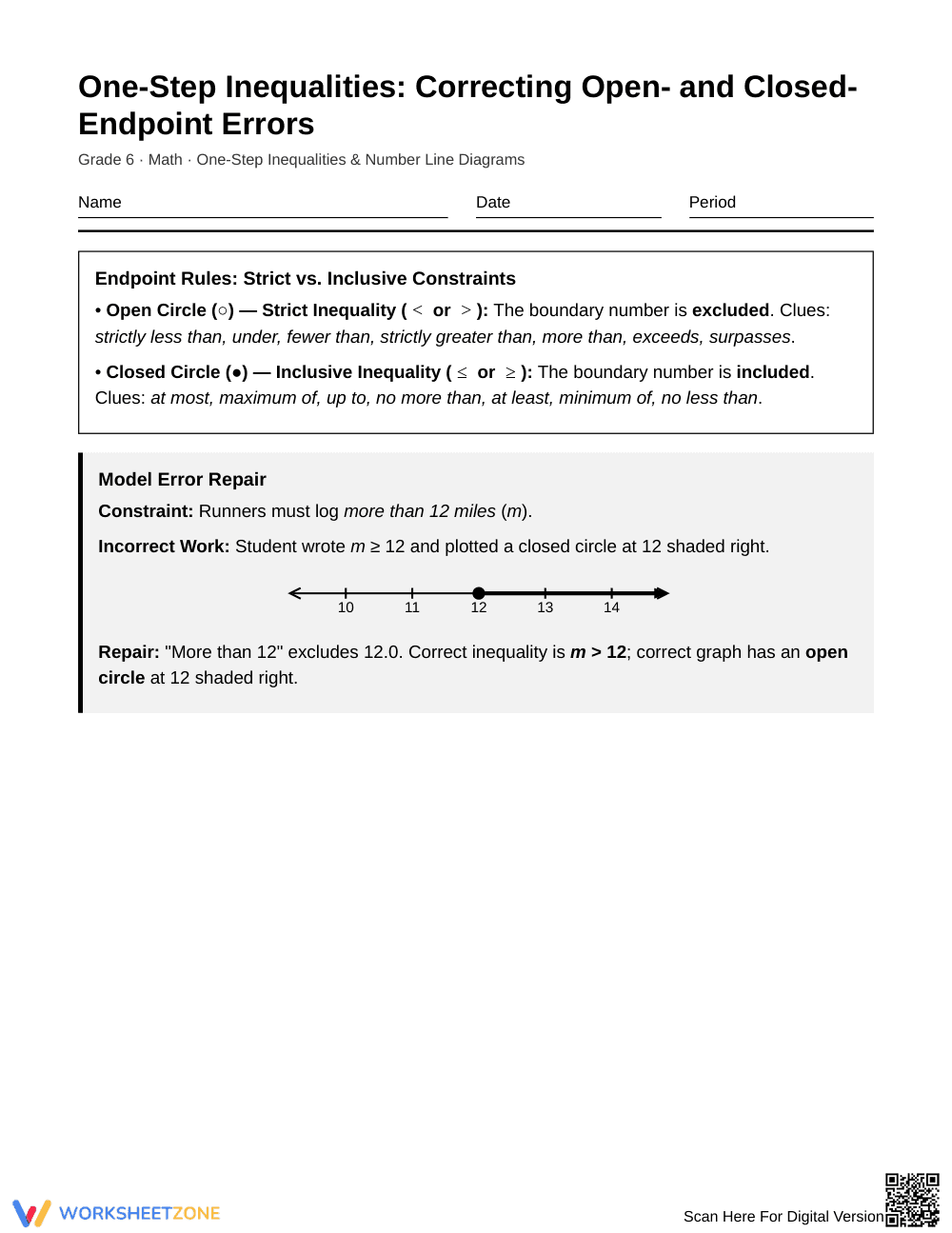 Essential Inequality Endpoints Worksheet | Grade 6 Math - Page 1