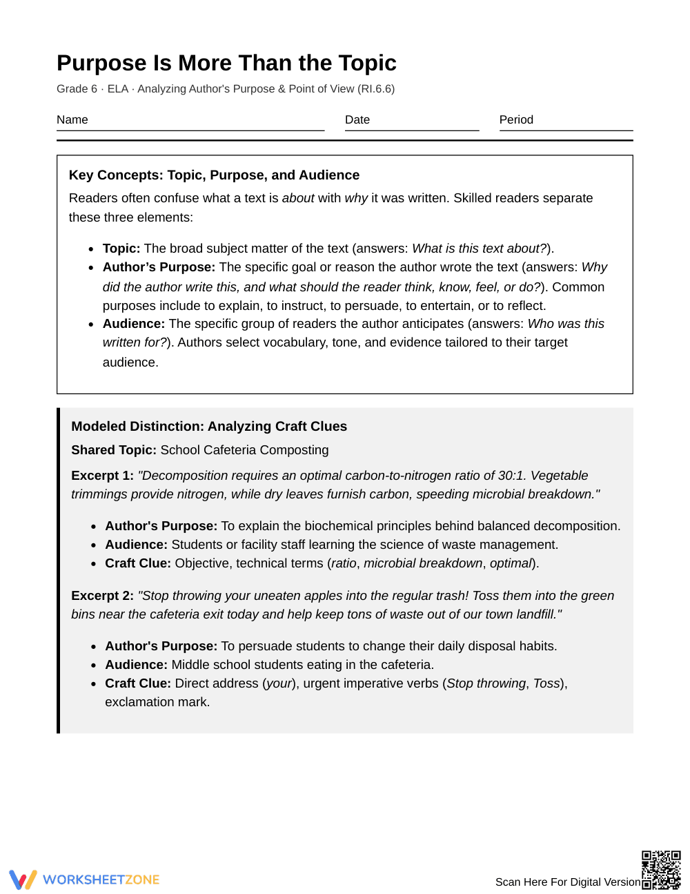 Essential Author's Purpose Worksheet | Grade 6 ELA - Page 1