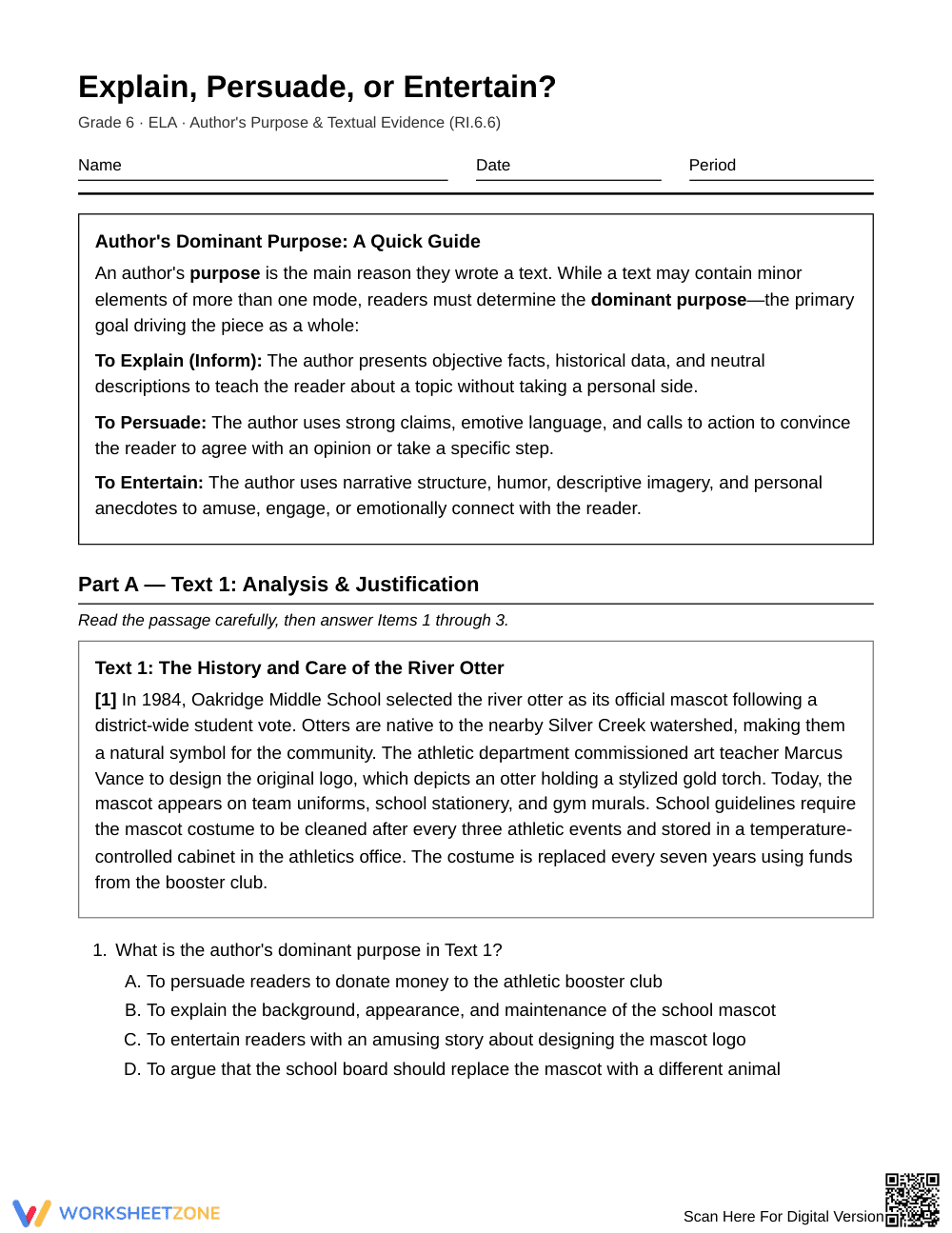 Complete Author's Purpose Worksheet | Grade 6 ELA - Page 1