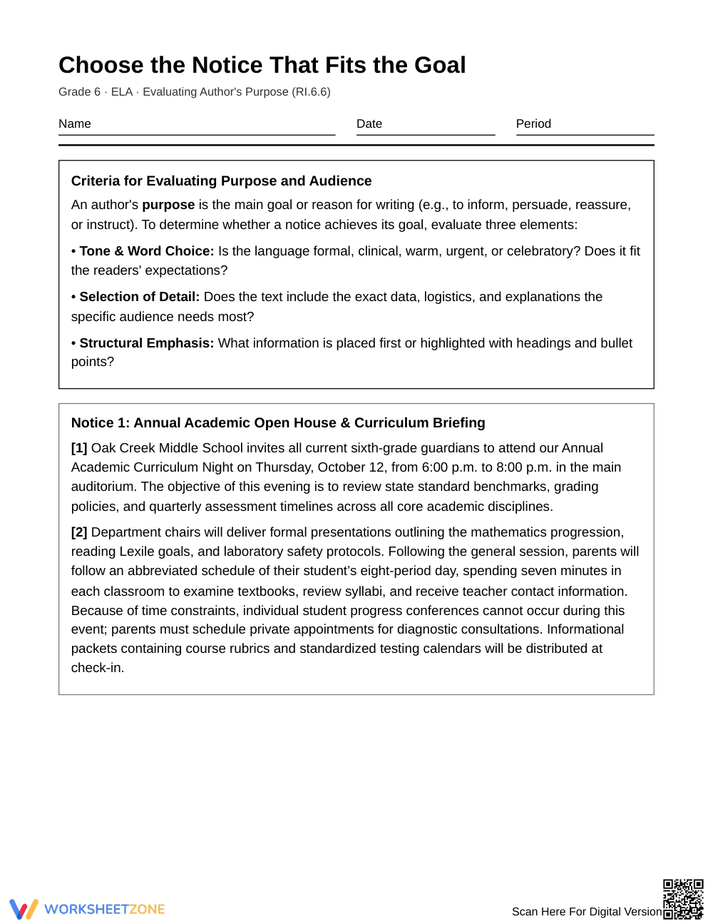 Complete Author's Purpose & Audience Worksheet | Grade 6 ELA - Page 1