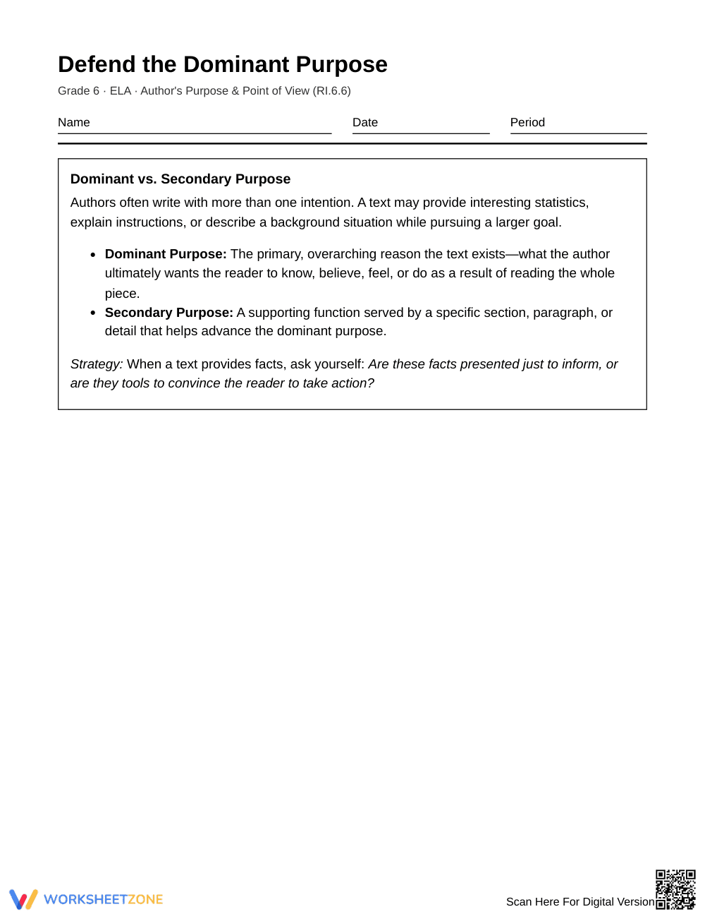 Complete Dominant Purpose Worksheet | Grade 6 ELA - Page 1