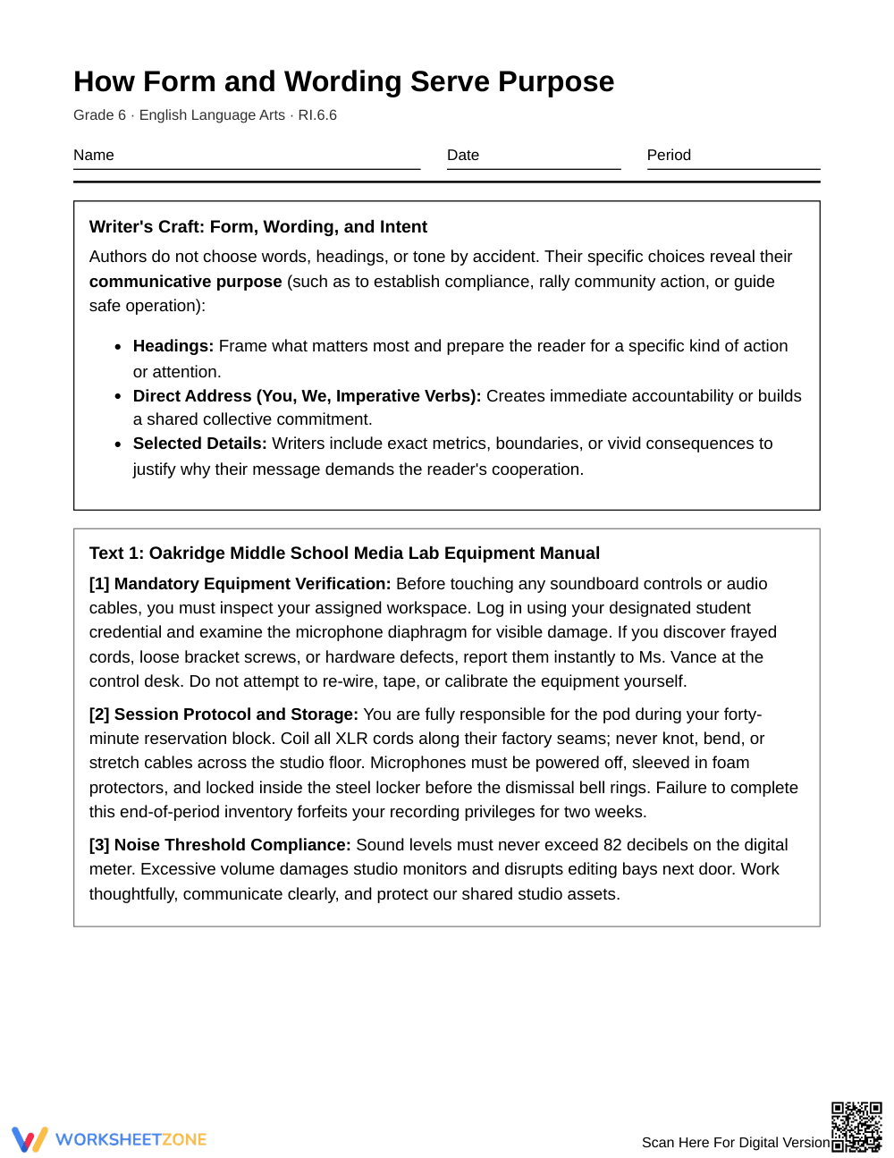 Essential Form & Wording Purpose Worksheet | Grade 6 ELA - Page 1