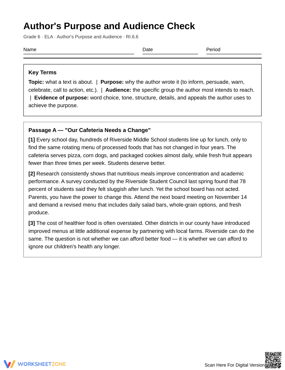 Complete Author's Purpose Worksheet | Grade 6 ELA - Page 1