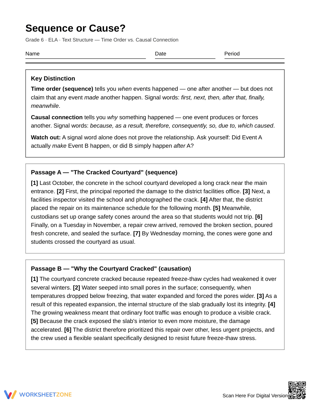 Complete Sequence or Cause Worksheet | Grade 6 ELA - Page 1