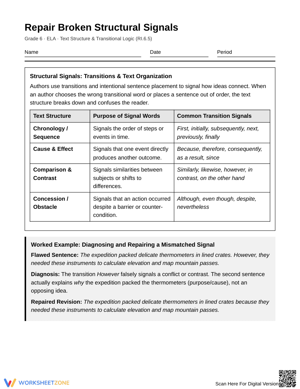 Essential Structural Signals Worksheet | Grade 6 ELA - Page 1