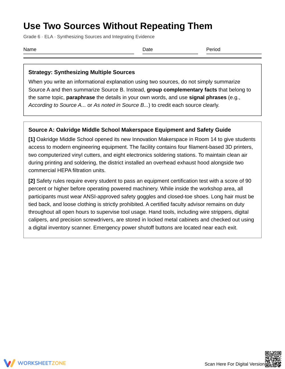 Complete Two-Source Synthesis Worksheet | Grade 6 ELA - Page 1