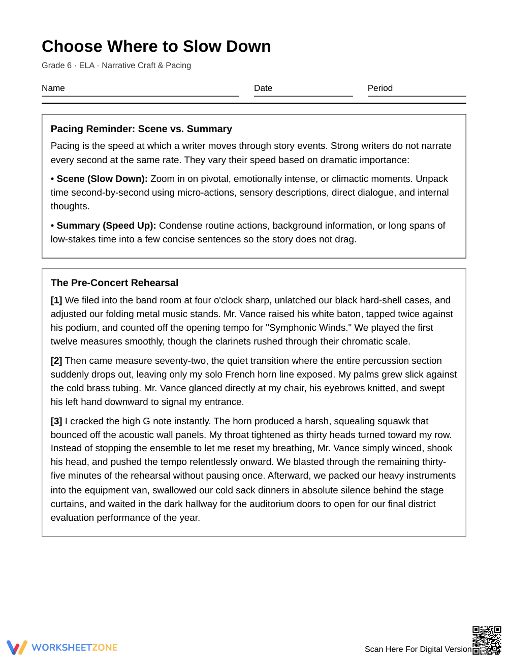 Essential Narrative Pacing Worksheet | Grade 6 ELA - Page 1