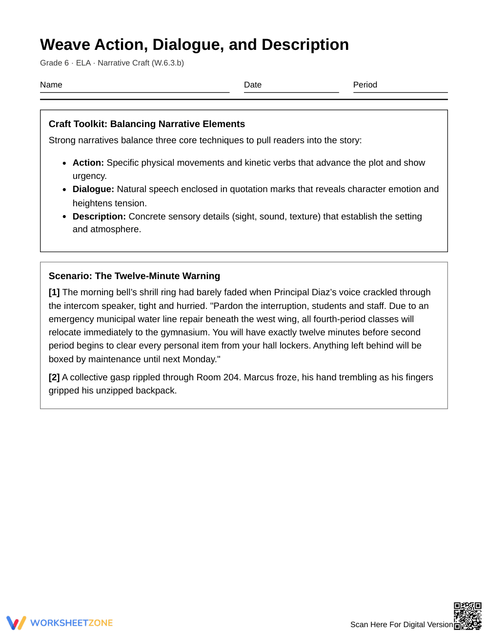 Essential Narrative Craft Worksheet | Grade 6 ELA - Page 1