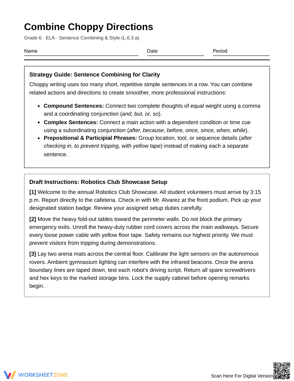 Essential Sentence Combining Worksheet | Grade 6 ELA - Page 1