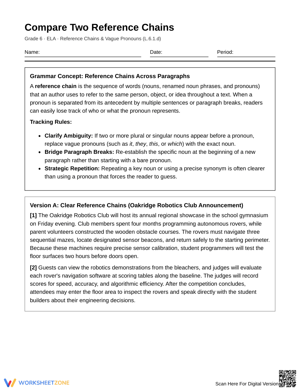 Complete Reference Chains Worksheet | Grade 6 ELA - Page 1