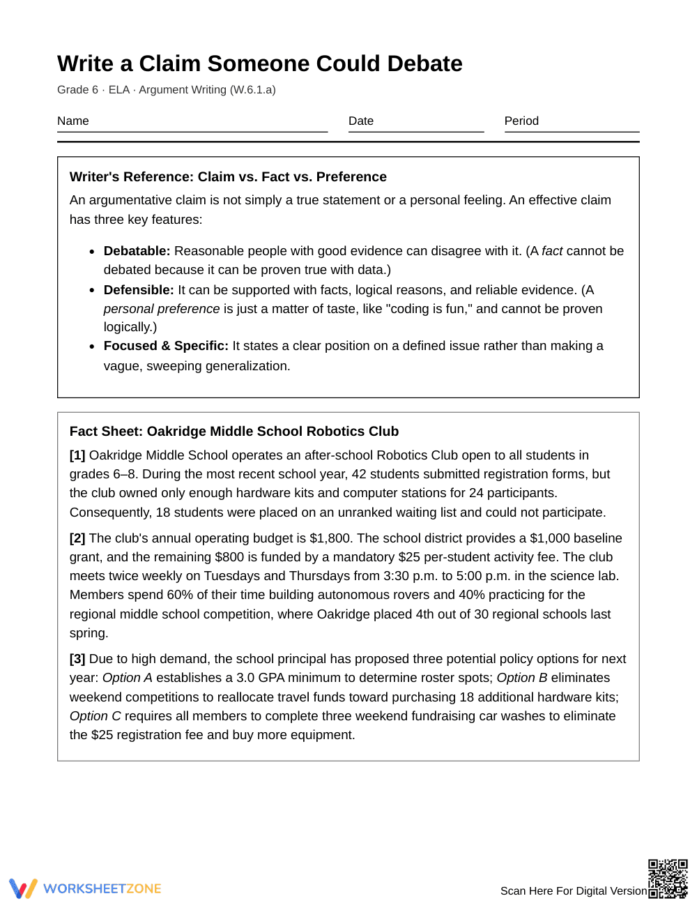Complete Writing Debatable Claims Worksheet | Grade 6 ELA - Page 1
