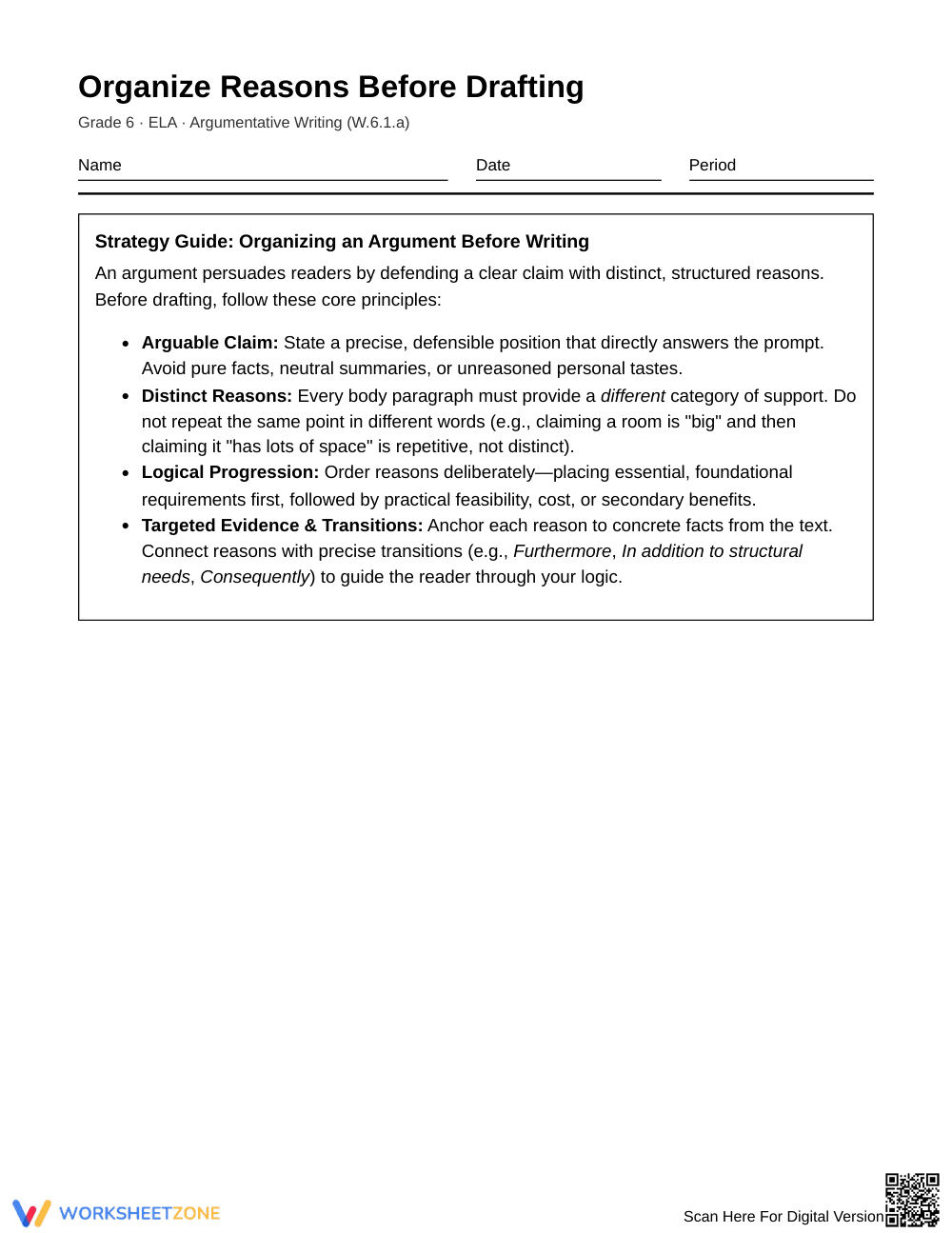 Complete Organizing Reasons Worksheet | Grade 6 ELA - Page 1