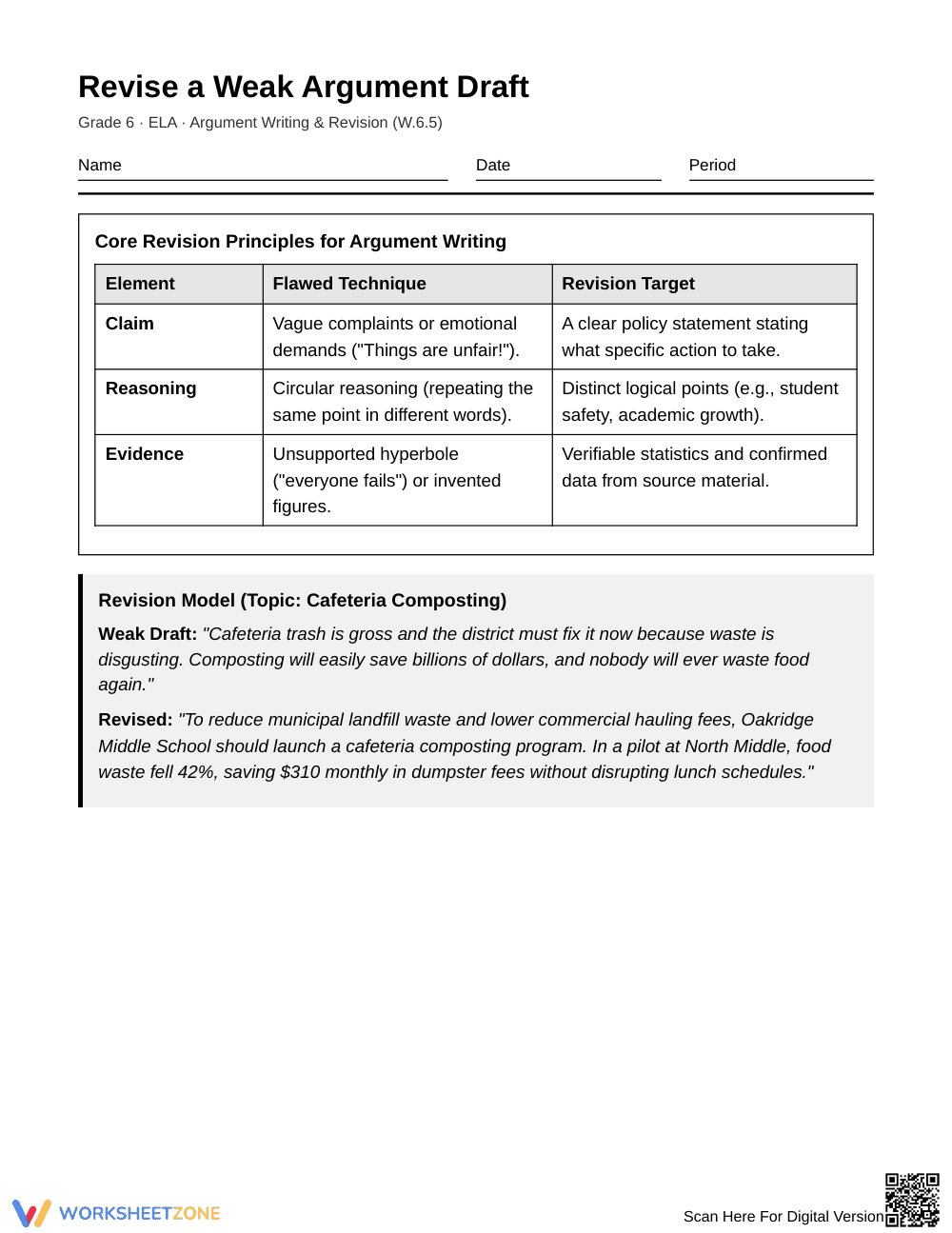 Complete Argument Revision Worksheet | Grade 6 ELA - Page 1